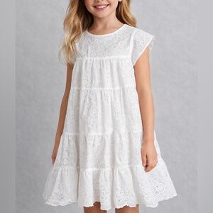 Biba Girls White Eyelet Tiered Dress | Flutter Sleeves (1134)
